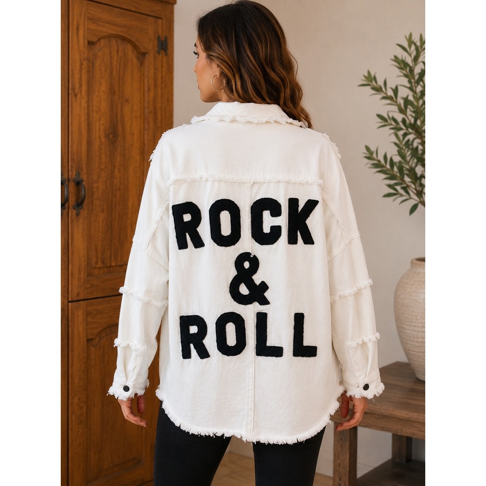 White Rock & Roll Chenille Patch Distressed Denim Shacket DE8121 Womens Medium